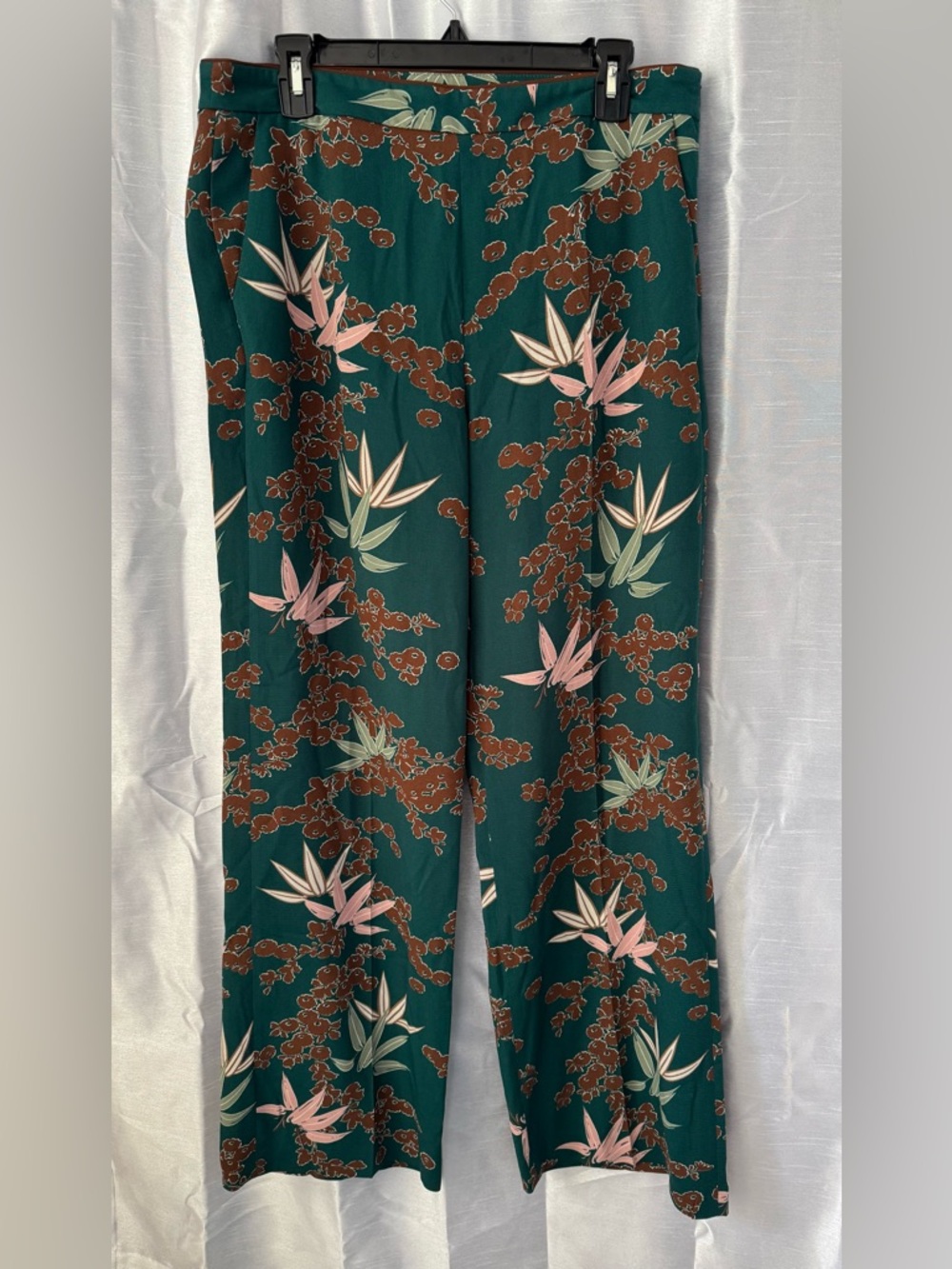 Zara Teal Green Floral Wide-Leg Pants with Pink & Brown Accents